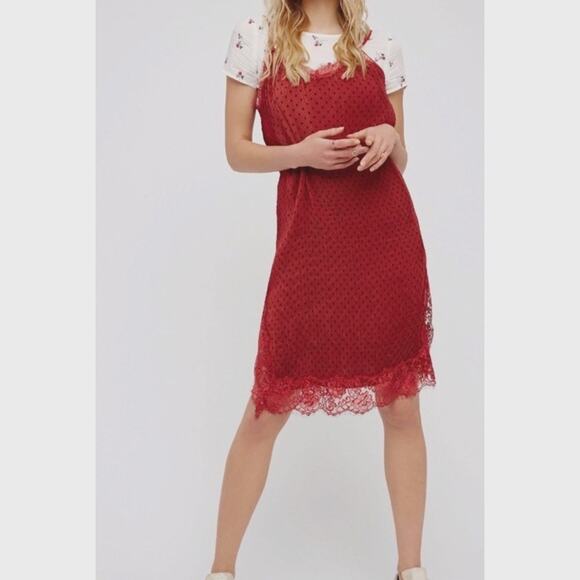 Free People 'Margot' Slip Dress 4 Polka Dot Outer SLIP ONLY Crinkle Pleated Red - Picture 3 of 16